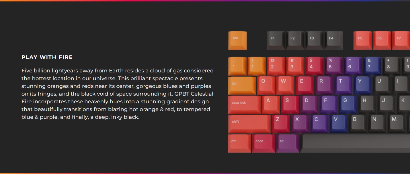 A large marketing image providing additional information about the product Glorious GPBT Celestial Gradient Keycap Set ANSI - Fire - Additional alt info not provided